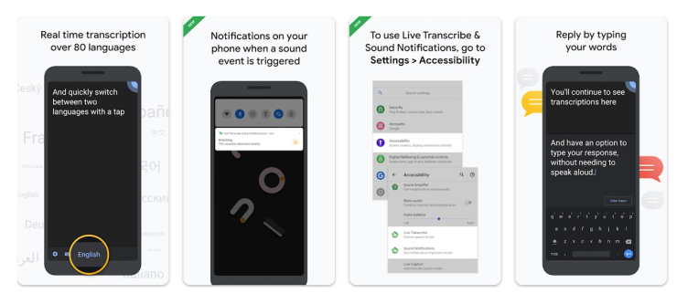 Smartphone screens demonstrating live transcription and sound notification accessibility features, including real-time speech-to-text and typed replies for communication.