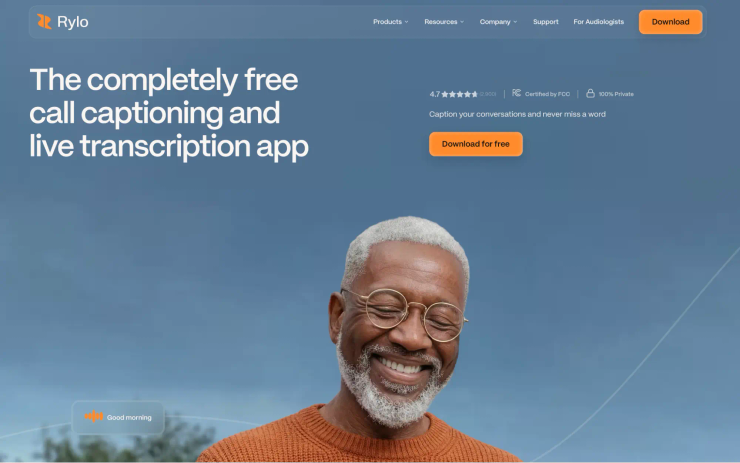 Rylo homepage promoting free call captioning and live transcription features that help people with hearing loss follow phone calls and conversations.