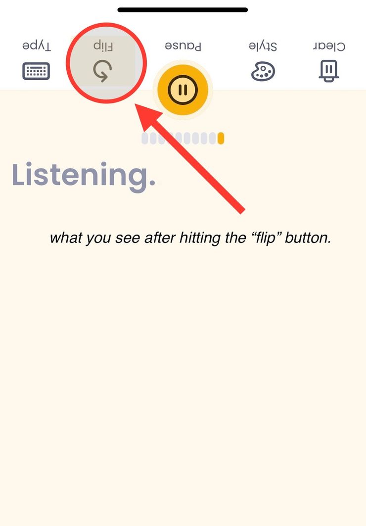 Screenshot of Rylo Live Transcribe “flip” feature
