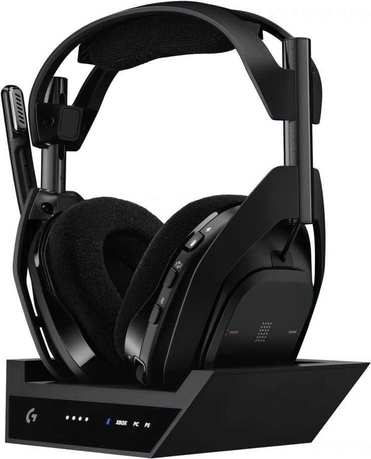 Astro A50 X wireless gaming headset with charging base and surround sound audio for immersive listening and voice chat