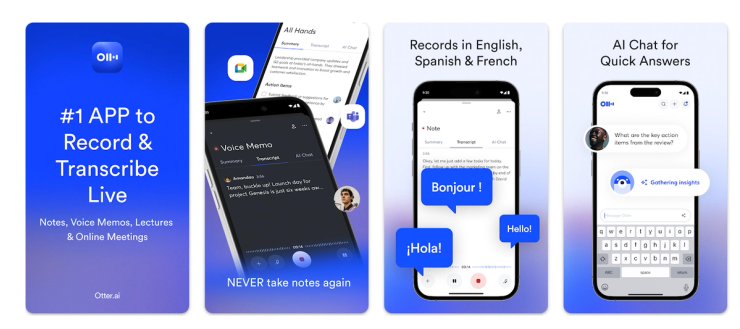 Otter.ai live transcript view inside a Zoom meeting, with speaker labels, highlights, and an AI-generated summary