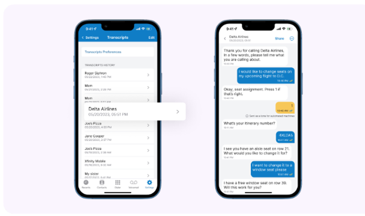Smartphone screens display how to access your call transcripts in the Rylo (Prev. Nagish) app.