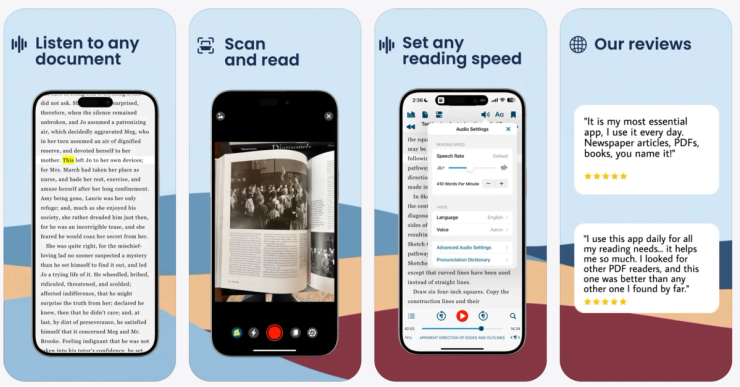 Text-to-speech iPhone app showing document scanning, adjustable reading speed, and user reviews in 2026