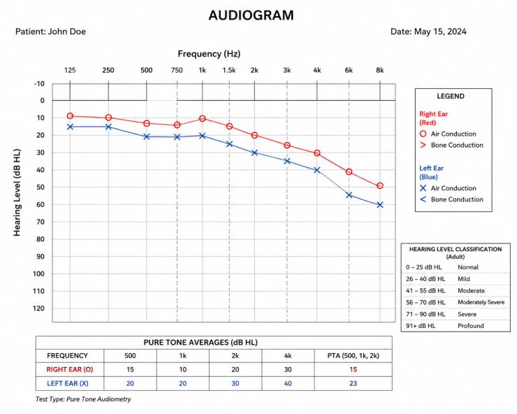 Audiogram chart showing hearing thresholds for the left and right ears across frequencies from 125 Hz to 8 kHz, illustrating how to read hearing test results.