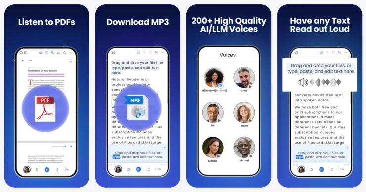 Text-to-speech iPhone app interface showing PDF listening, MP3 downloads, and AI voices in 2026