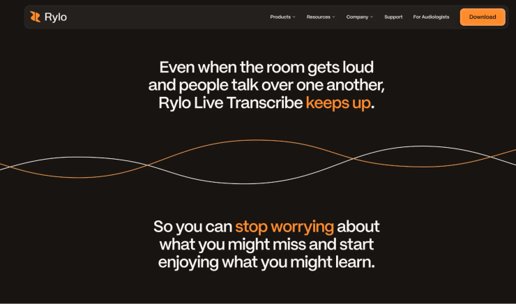 Rylo Live Transcribe app interface showing real-time speech transcription for deaf and hard of hearing users in noisy group conversations.