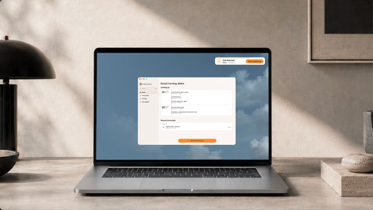 Rylo Desktop open on a laptop, showing a Call detected notification for a Zoom call with a Start captioning button, above the app's home screen with upcoming meetings and recent transcripts