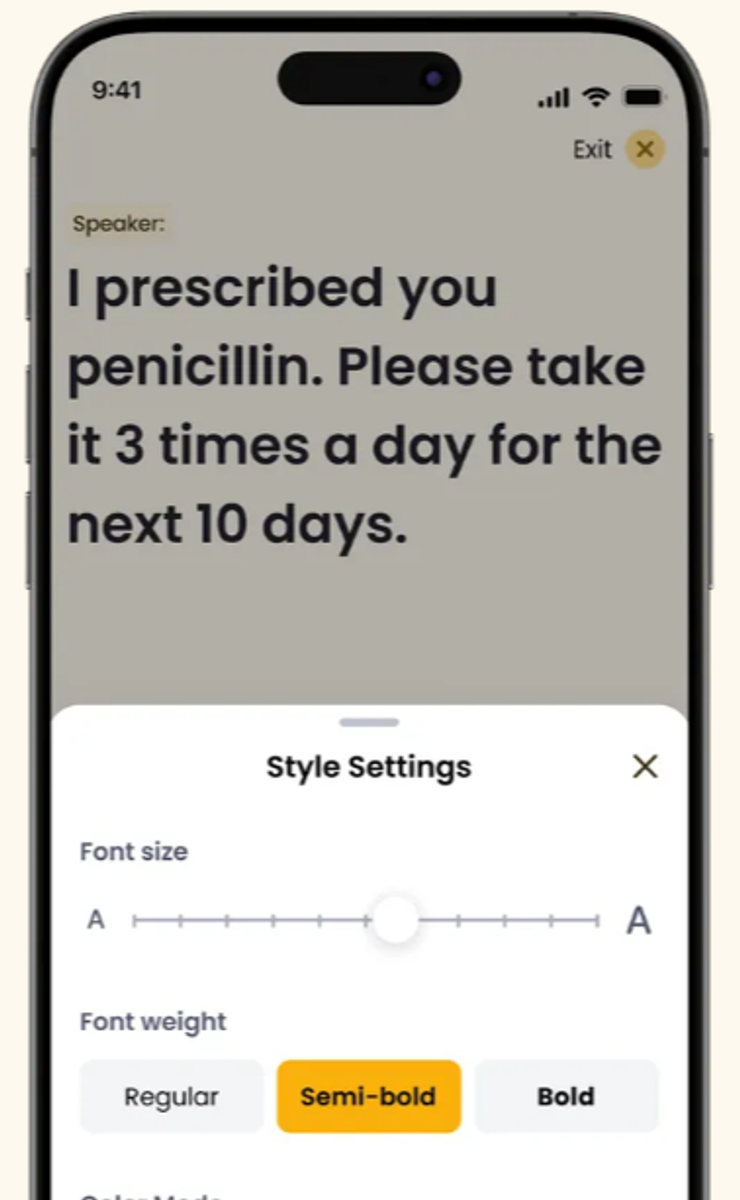 A screenshot of the Rylo Live Transcribe.  Text: “I have prescribed you penicillin. Please take it 3 times a day for the next 10 days.”