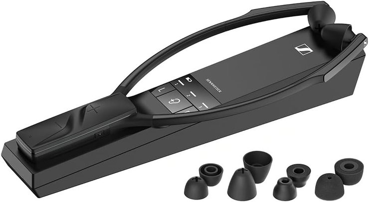 Wireless neckband headphones with charging dock and interchangeable ear tips for hearing aid users and TV listening