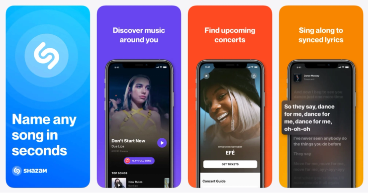 Shazam identifying a song, with synced lyrics scrolling on screen