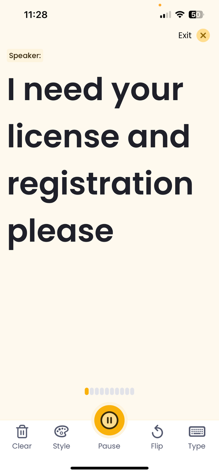 The image is a screenshot of the Rylo Live Transcribe. The text says, “I need your license and registration, please.”