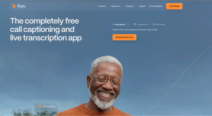Rylo call captioning and live transcription app homepage highlighting free conversation captions and speech-to-text features for people with hearing loss.