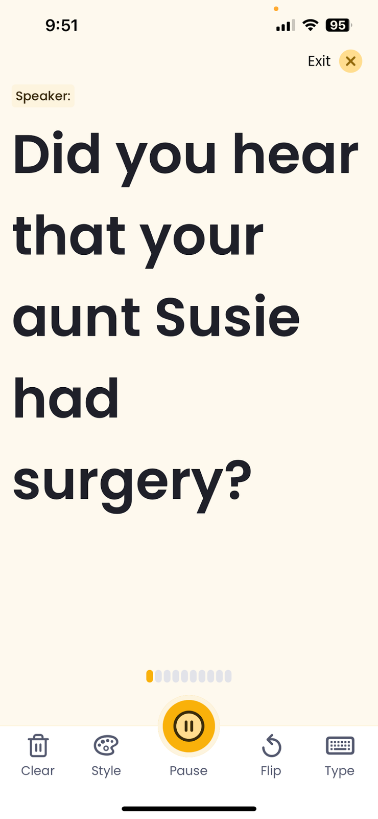 Text on Rylo Live Transcribe reads: “Did you hear that your Aunt Susie had surgery?”