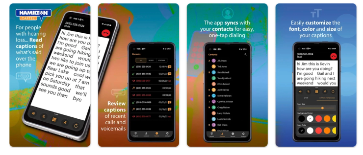 Four mobile screens of the Hamilton CapTel app showing live call captions for people with hearing loss, recent call and voicemail caption review, contact syncing for one-tap dialing, and customizable caption font, color, and size