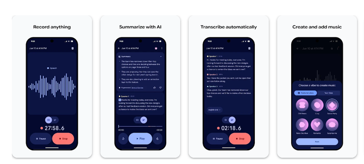 Google Recorder app showing a transcribed recording with auto-labeled sections for speech, music, and applause