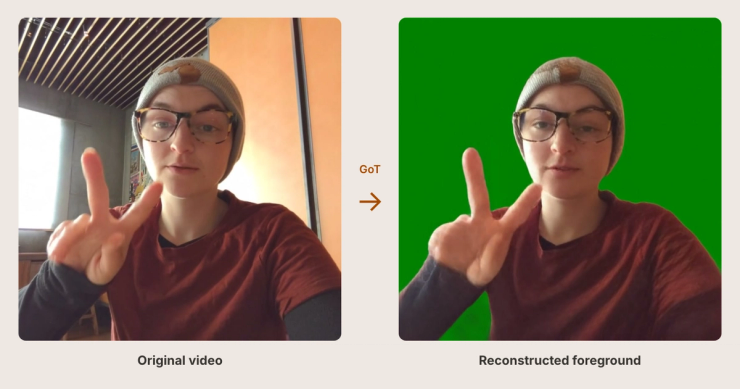 Unmasked video in; the signer reconstructed with the background masked