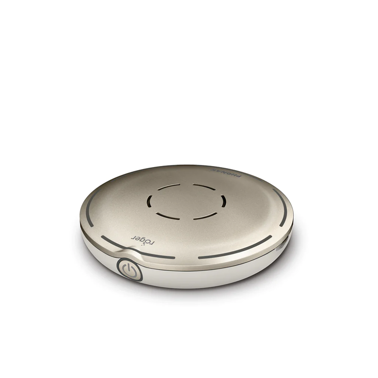 Roger wireless hearing aid microphone accessory designed to improve speech clarity in noisy environments