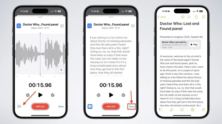  iPhone Voice Memos app showing a recording with its auto-generated transcript