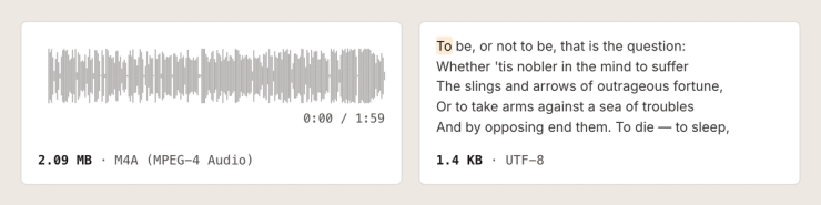 Audio waveform of the Hamlet soliloquy beside its text, with file sizes