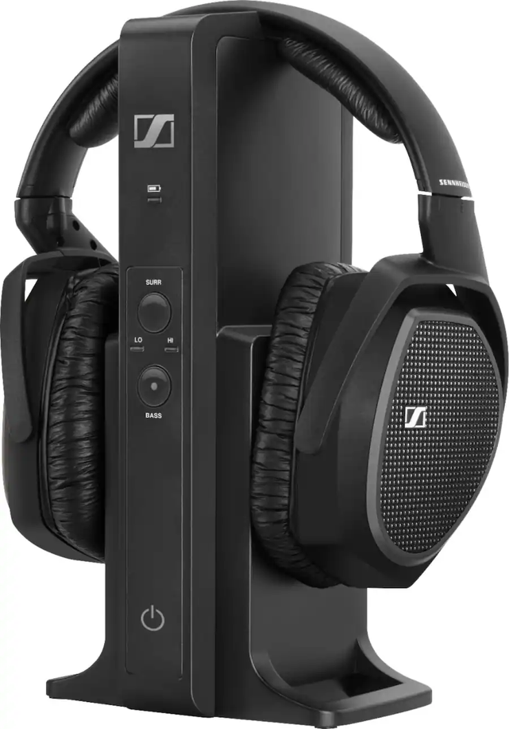 Wireless TV headphones with charging dock and over-ear design for hearing aid users watching television at home