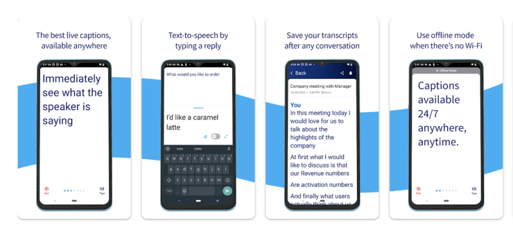 Rylo app screens showing live captions, text-to-speech replies, saved call transcripts, and offline captioning mode