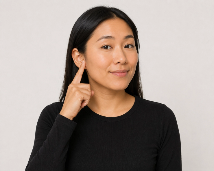 Person demonstrating the starting hand position used when learning how to sign deaf in ASL