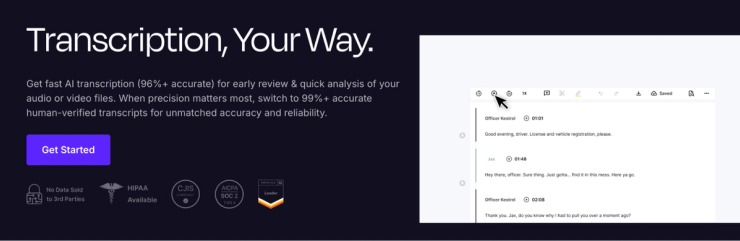 Dark website hero banner reading Transcription, Your Way with description of 96 percent accurate AI transcription and 99 percent human verified transcripts, Get Started button, compliance badges including HIPAA, CJIS and SOC 2, and transcript editor interface preview