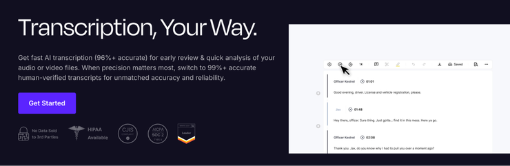 Dark website hero banner reading Transcription, Your Way with description of 96 percent accurate AI transcription and 99 percent human verified transcripts, Get Started button, compliance badges including HIPAA, CJIS and SOC 2, and transcript editor interface preview