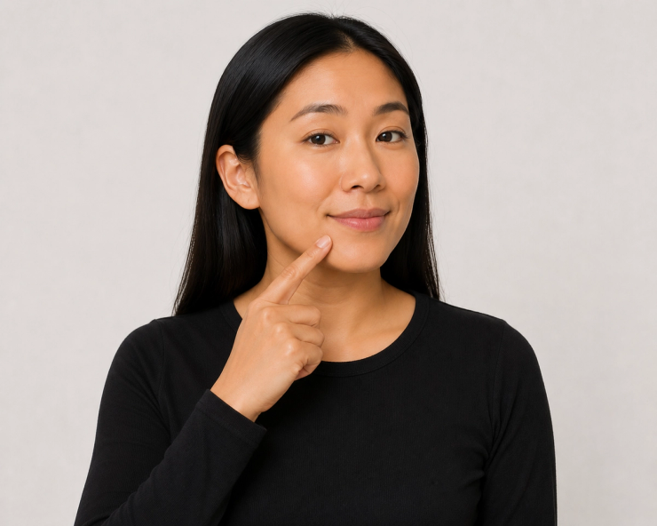 Person demonstrating the mouth contact point used when signing deaf in ASL