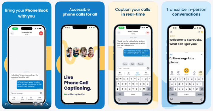 Screenshots of text-to-speech iPhone apps showing live phone call captioning and real-time conversation transcription in 2026