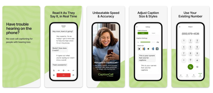 Five mobile app screens showing real-time call captioning for people with hearing loss, speed and accuracy highlights, adjustable caption size and styles, and use of an existing phone number