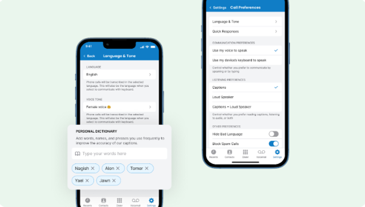 Smartphone screens display how to set up your personal dictionary in the call preference settings in the Rylo (Prev. Nagish) app.