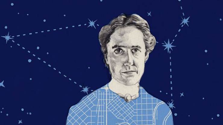 illustrated portrait of a woman scientist with constellation patterns in the background