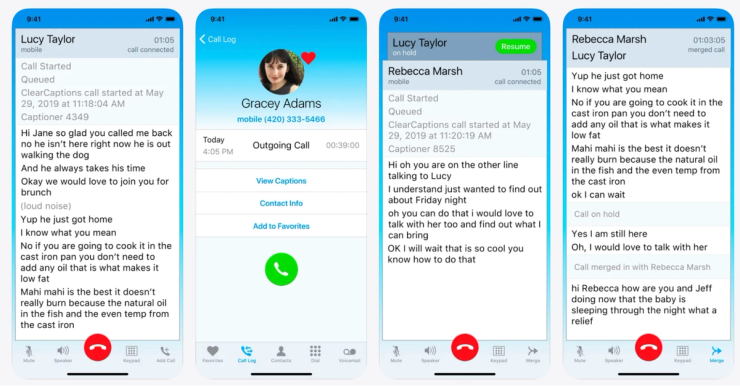 Four ClearCaptions mobile app screens showing live call captions during a phone call, call log with caption history, call on hold with resume option, and merged call with real-time transcribed conversation