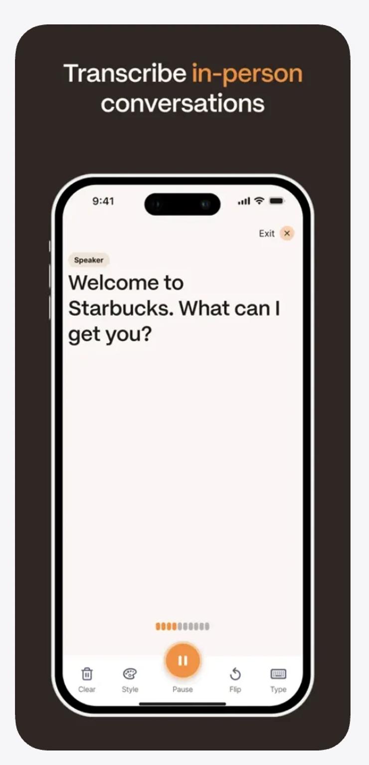 Rylo app displaying live transcription for an in-person conversation, converting spoken words into real-time text to help people with hearing loss communicate.
