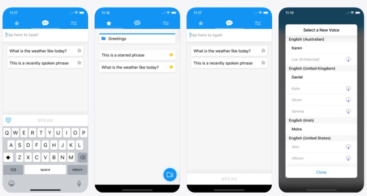 Text-to-speech iPhone app interface showing saved phrases and voice selection settings in 2026
