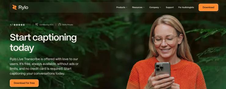 Rylo homepage showing a person using the Live Transcribe app with free real-time conversation captioning for people with hearing loss.