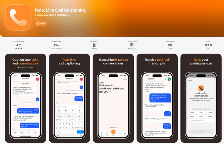 Rylo app listing showing real-time call captioning, live transcription, post-call transcripts, and accessibility features for deaf and hard of hearing users.