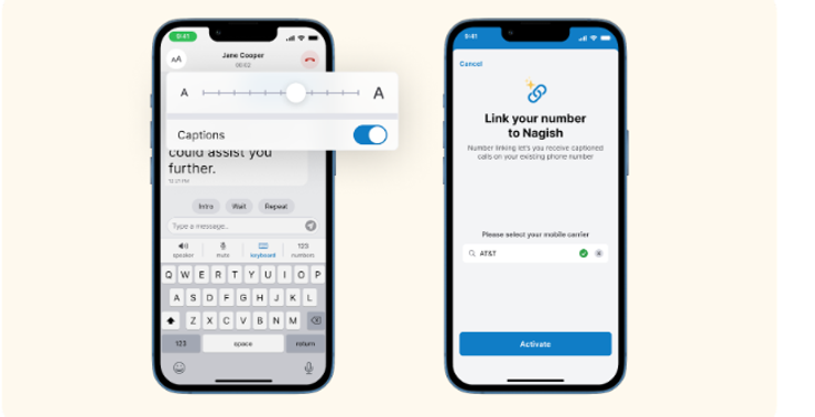 Smartphone screens display how to increase the font size and set up number linking in the Rylo (Prev. Nagish) app.
