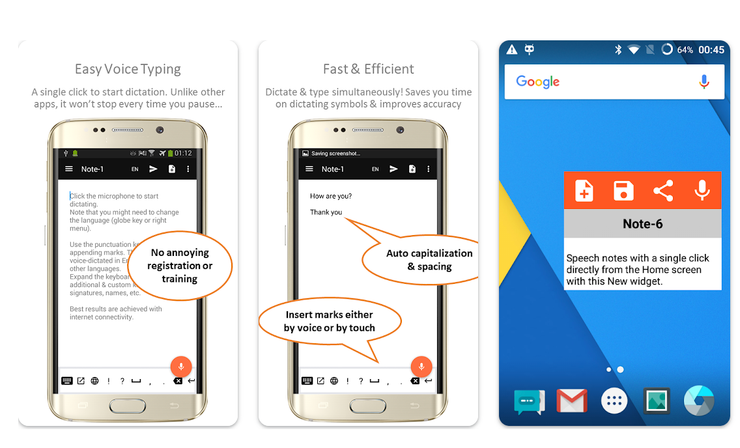 Speech-to-text Android app showing fast voice typing, auto capitalization, and note widget features in 2026