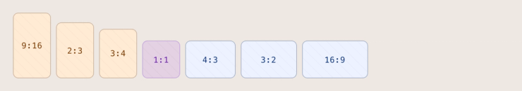 Seven recording aspect ratios from 9:16 to 16:9, with the 1:1 square highlighted
