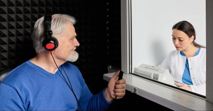 Patient wearing headphones during a hearing test in a sound booth while an audiologist conducts pure-tone audiometry through a viewing window.