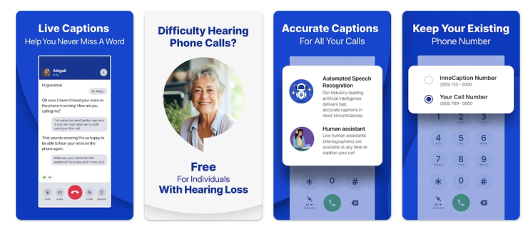 Four app screens promoting live captions for phone calls, free service for individuals with hearing loss, AI and human captioning options, and keeping your existing phone number