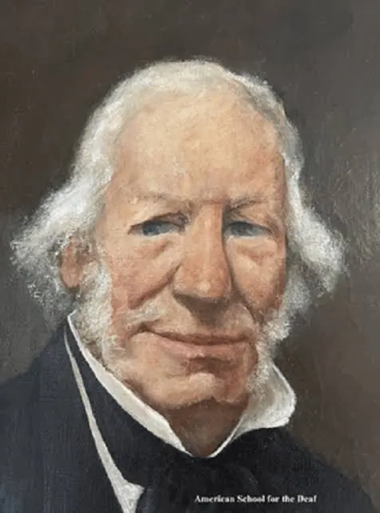 Painted portrait of an elderly man with white hair and sideburns wearing a dark coat and white collar against a plain background