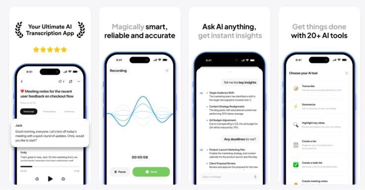 Mobile app screenshots showing AI transcription app with meeting notes transcript, live recording waveform, AI insights chat, and 20 plus AI tools including summarize and create to do list