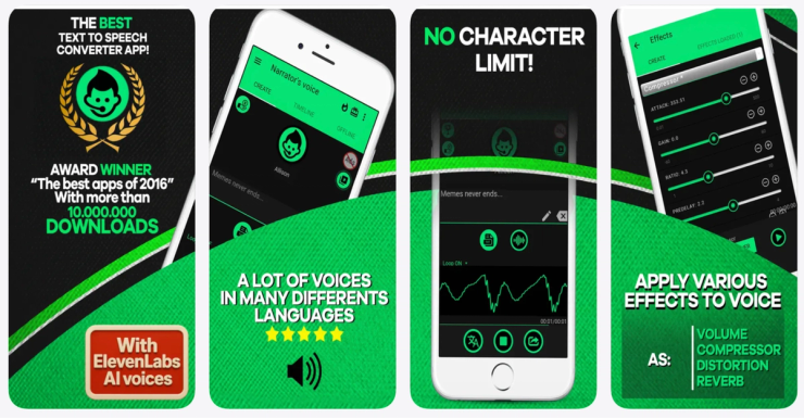 Text-to-speech iPhone app with multiple AI voices, voice effects, and no character limit in 2026