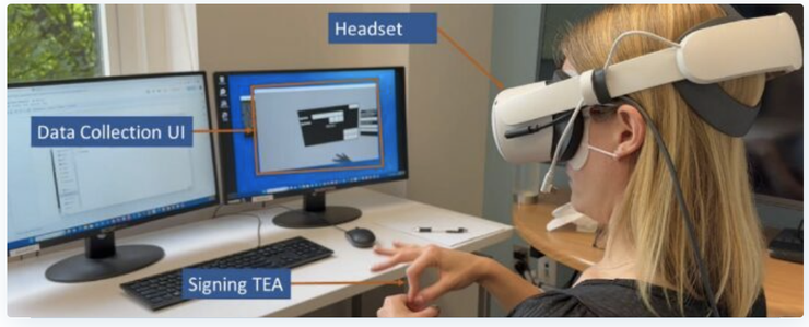 A woman with blond hair, wearing VR glasses, signing “tea”. Image credit: Gallaudet University and Motion Light Lab.