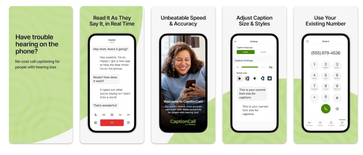 Smartphone screens showing Rylo call captioning app features including real-time call captions, caption customization settings, fast transcription accuracy, and dialing with an existing phone number.  Caption (Optional)