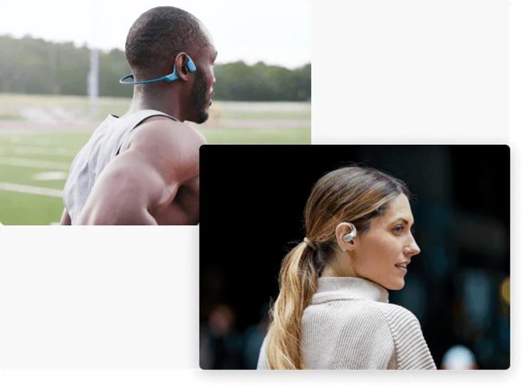 A man wearing Shokz bone conduction technology headphones and a woman wearing Shokz DirectPitch technology headphones. 