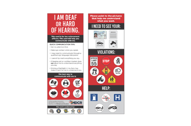 The image shows both sides of a Deaf/HOH visor card. Image credit: Michigan DODDBHH